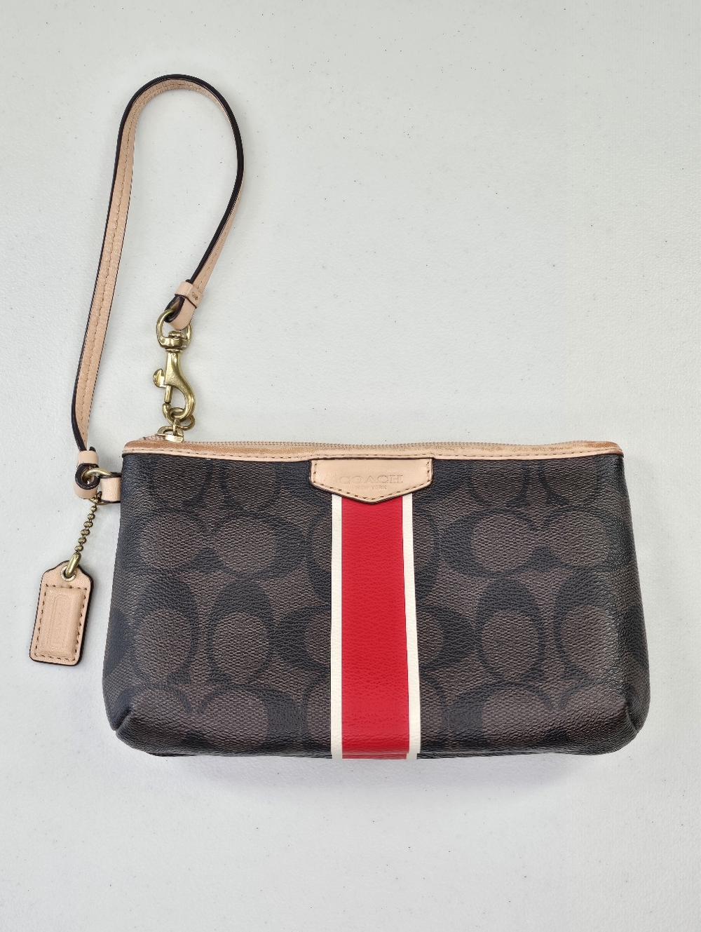 Coach Signature Stripe Wristlet Brown Coated Canvas Red Trim